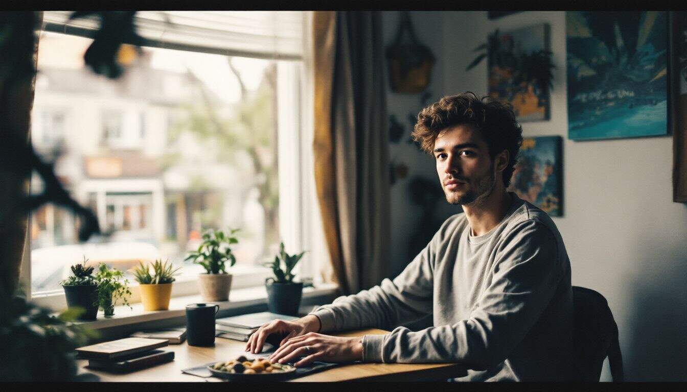 A person sits at a small desk in a cozy apartment. A person sits at a small desk in a cozy apartment.