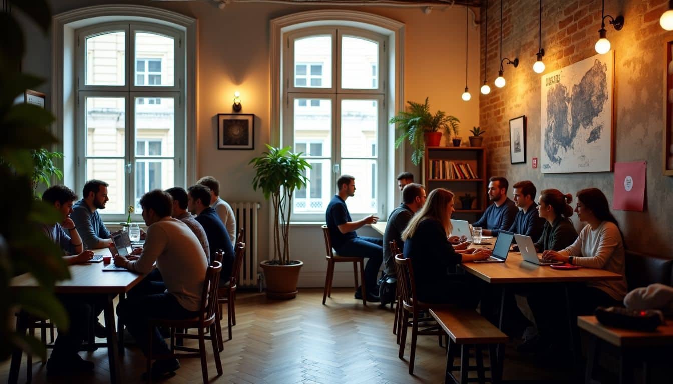 A bustling coworking space in Lisbon's tech hub, filled with digital nomads collaborating. A bustling coworking space in Lisbon's tech hub, filled with digital nomads collaborating.