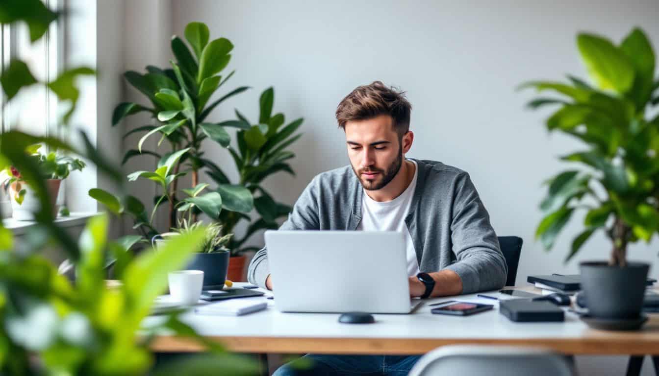 A digital nomad working in a modern coworking space in Porto. A digital nomad working in a modern coworking space in Porto.