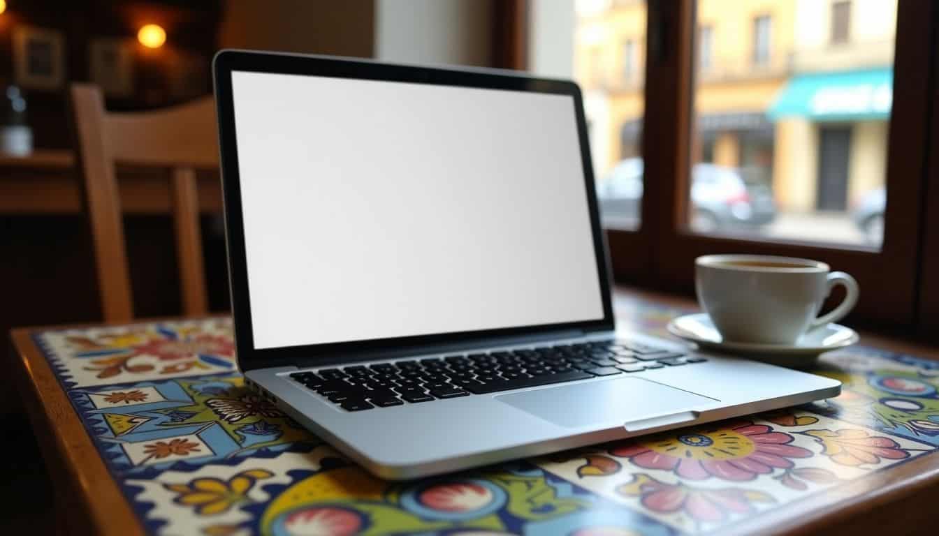 A laptop on a table in a cozy Portuguese cafe. A laptop on a table in a cozy Portuguese cafe.