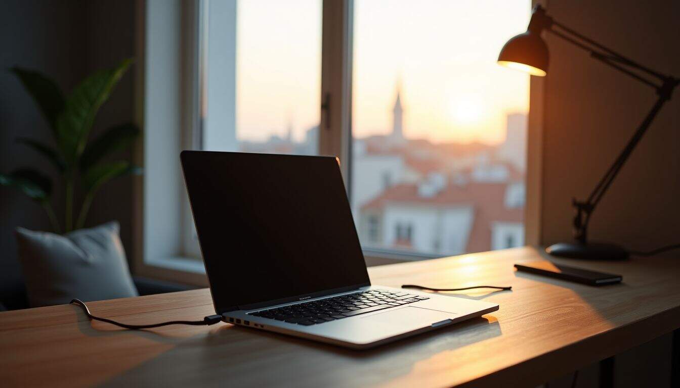 A tidy modern Portuguese apartment with a sleek laptop and city skyline view. A tidy modern Portuguese apartment with a sleek laptop and city skyline view.