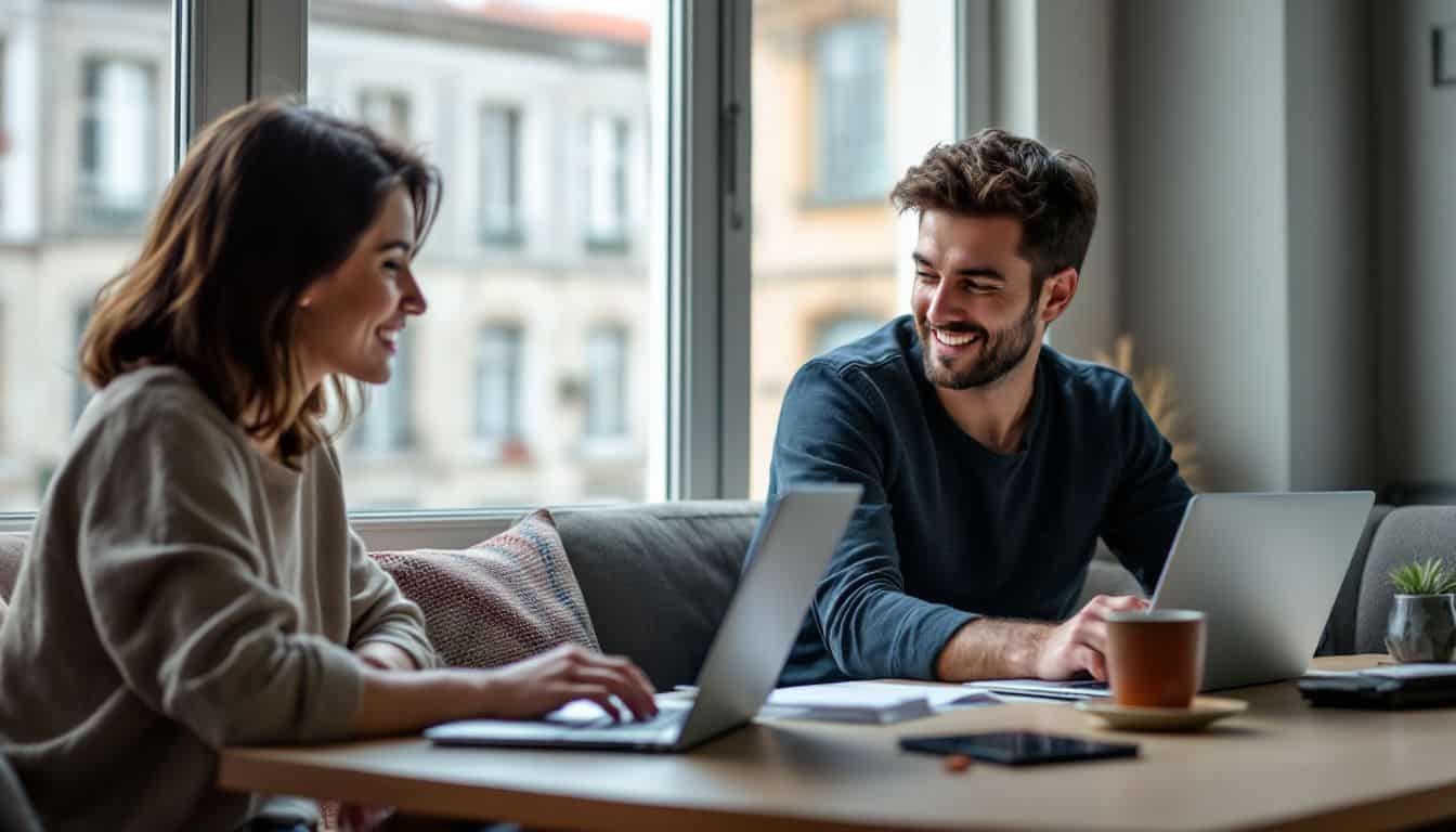 A man and woman in their 30s work on laptops in a cozy coworking space in Portugal. A man and woman in their 30s work on laptops in a cozy coworking space in Portugal.