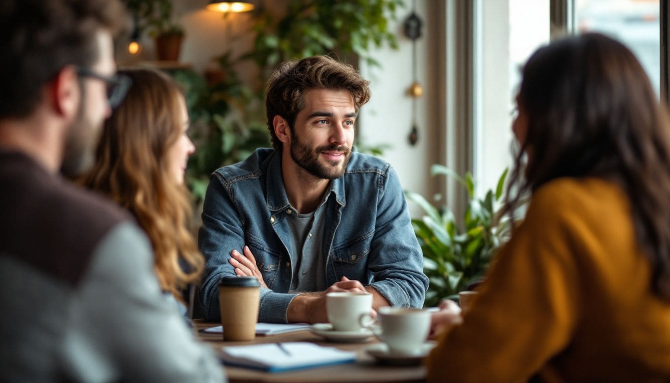 A group of remote workers sharing tips in a cozy cafe. A group of remote workers sharing tips in a cozy cafe.