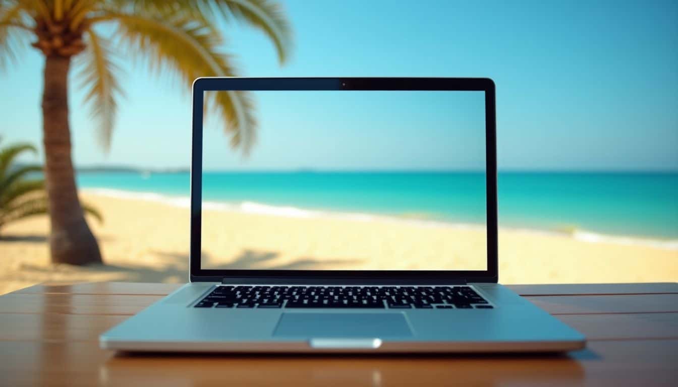 A laptop on a table overlooking Faro Beach in Portugal. A laptop on a table overlooking Faro Beach in Portugal.