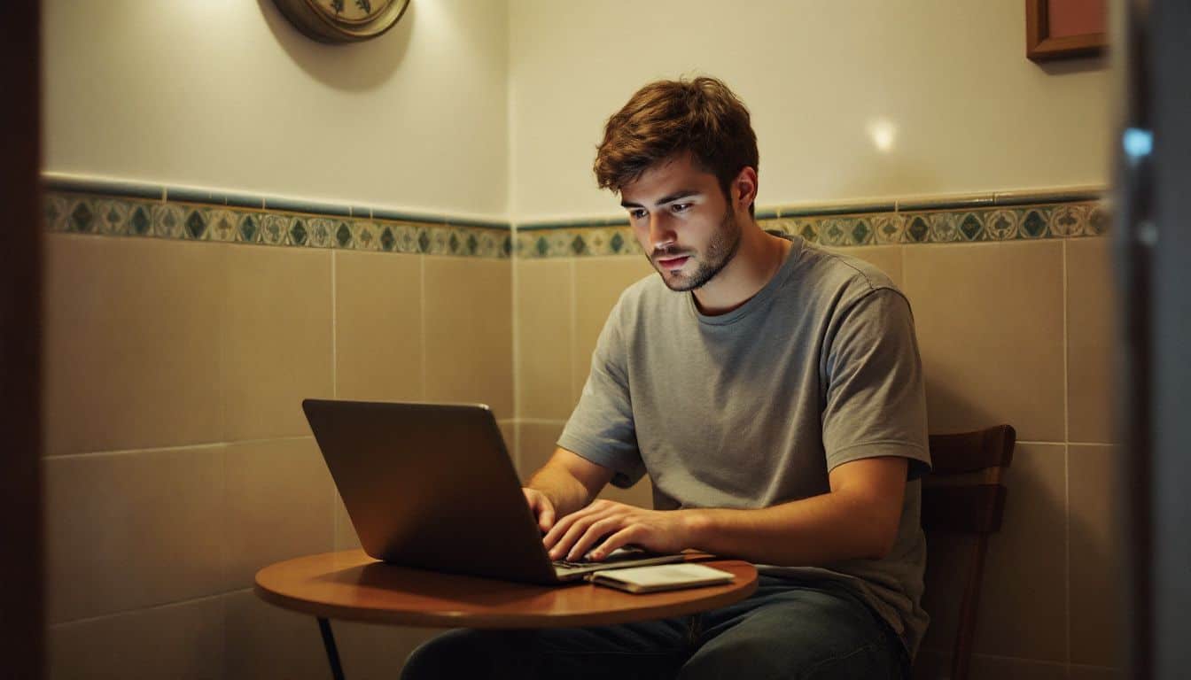 A young adult working on a laptop in a cozy café. A young adult working on a laptop in a cozy café.