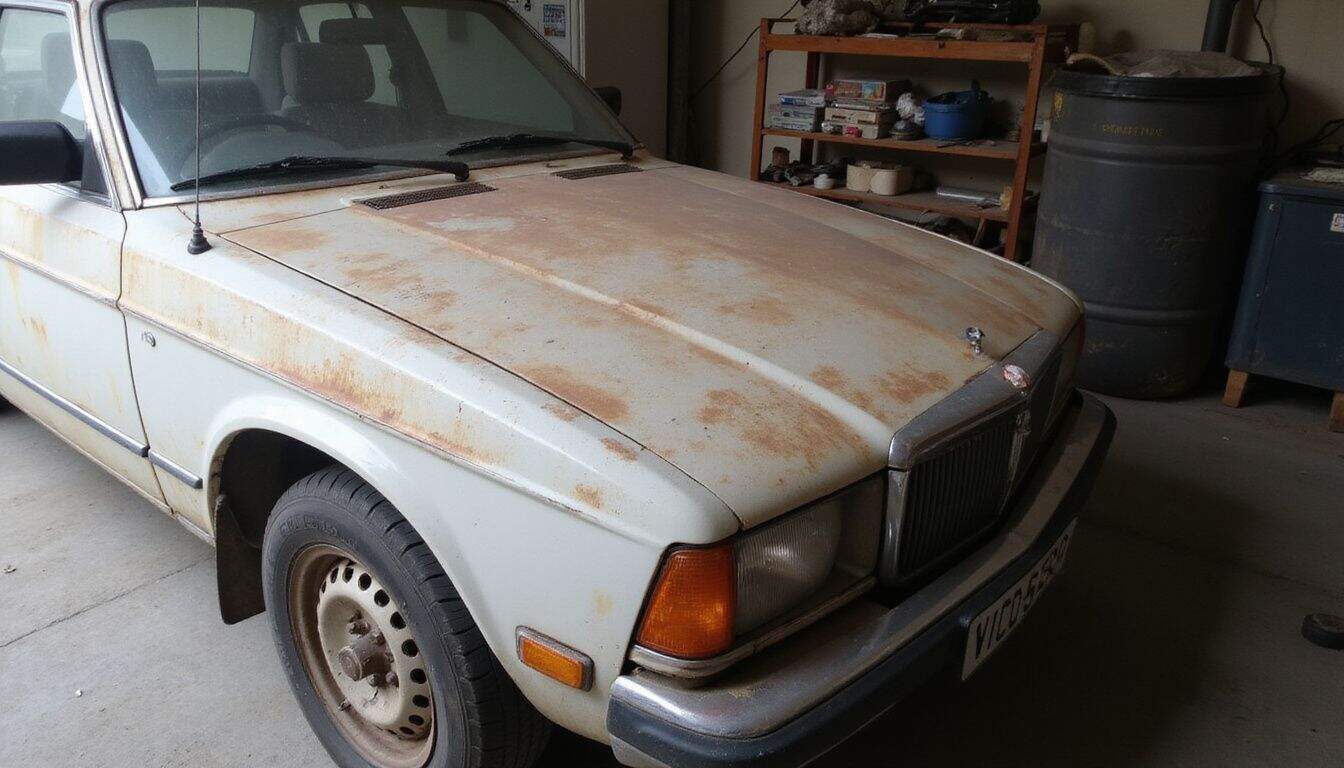 An old, worn-out car parked in a garage with visible rust, dents, and scratches. An old, worn-out car parked in a garage with visible rust, dents, and scratches.