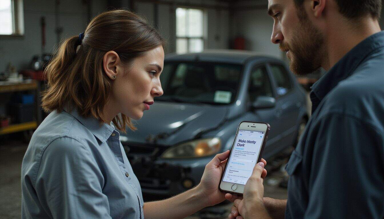 A couple in their 30s using a smartphone to check the history of a used car in a garage. A couple in their 30s using a smartphone to check the history of a used car in a garage.