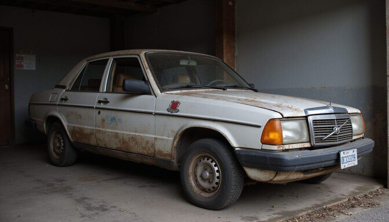 A neglected, worn-out car parked in a dimly lit garage. A neglected, worn-out car parked in a dimly lit garage.