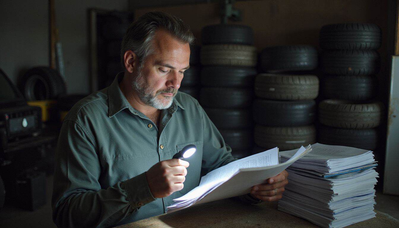 A man reviews maintenance records in a cluttered garage with a flashlight. A man reviews maintenance records in a cluttered garage with a flashlight.