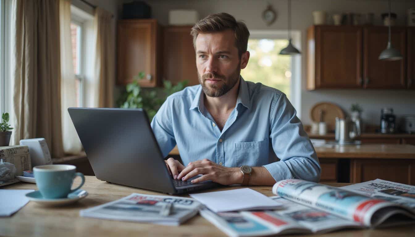 A man in his 30s is seated at a cluttered table, browsing a car marketplace on his laptop. A man in his 30s is seated at a cluttered table, browsing a car marketplace on his laptop.