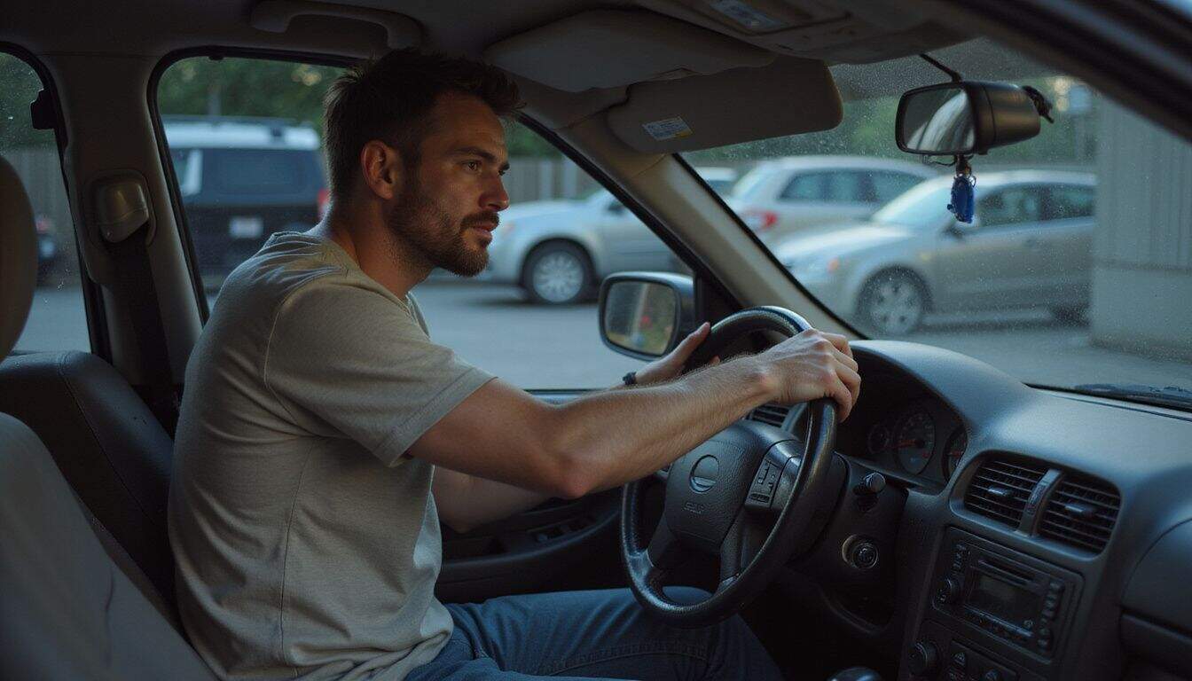 A man in his 30s is inspecting a used car at a car lot. A man in his 30s is inspecting a used car at a car lot.