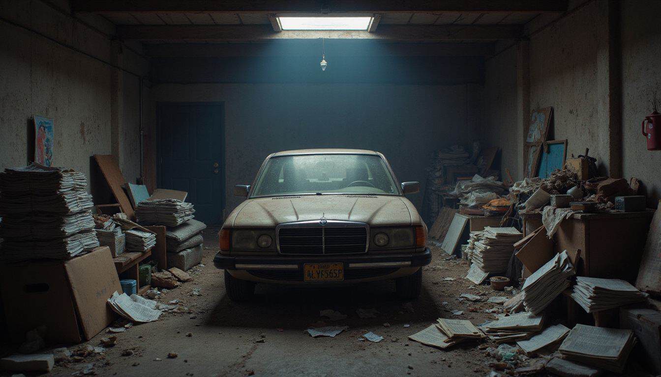 An old car surrounded by clutter in a dimly lit garage, with a highlighted vehicle identification number. An old car surrounded by clutter in a dimly lit garage, with a highlighted vehicle identification number.