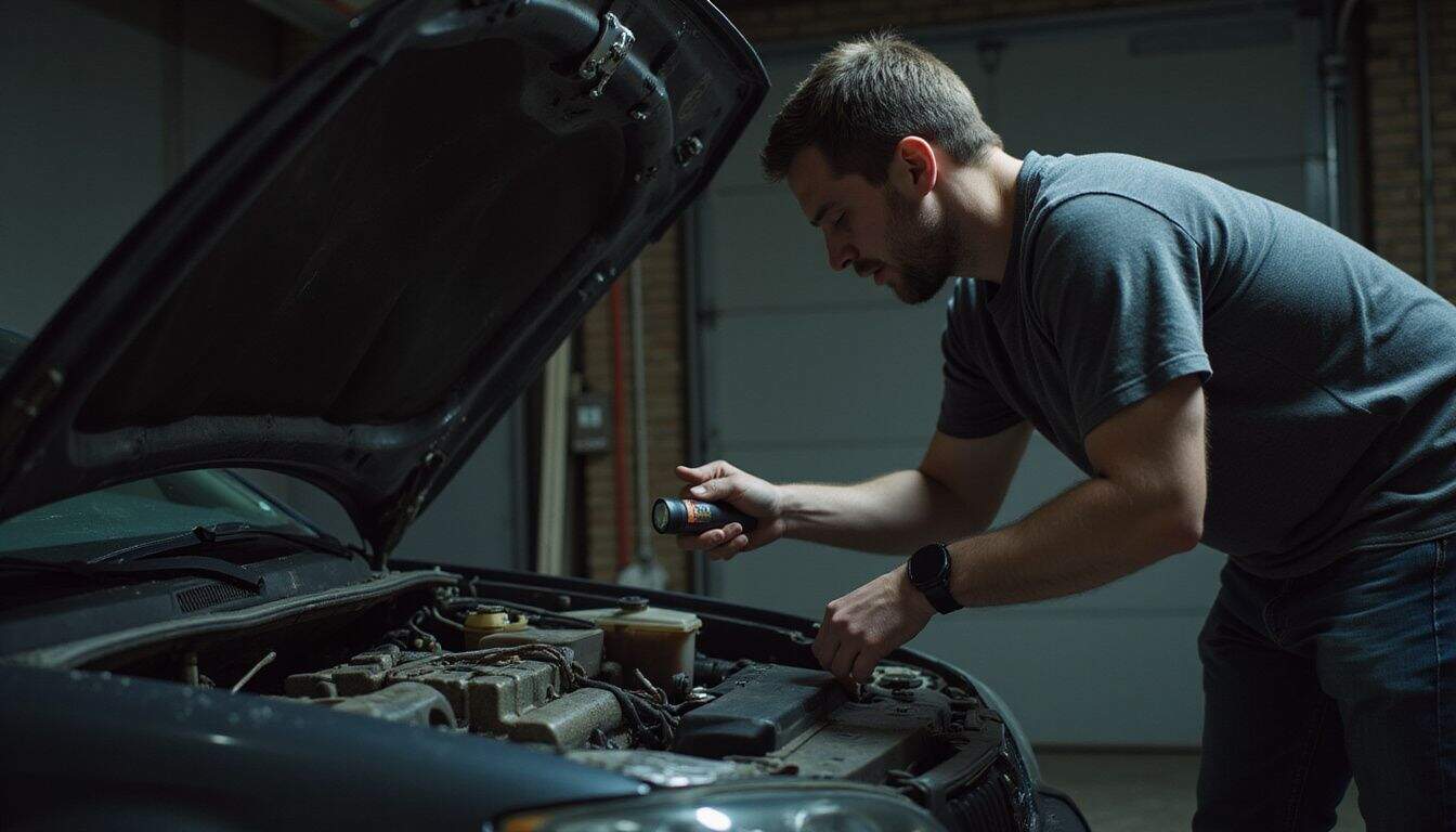 A man in his thirties is inspecting a used car engine inside a dimly lit garage. A man in his thirties is inspecting a used car engine inside a dimly lit garage.
