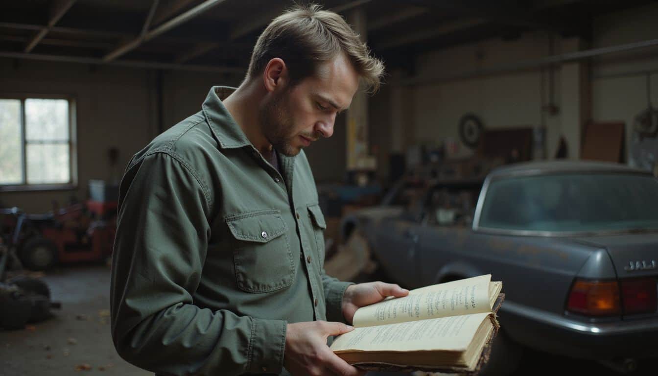 A man in his 30s stands in a cluttered garage, looking over a dusty car maintenance log. A man in his 30s stands in a cluttered garage, looking over a dusty car maintenance log.