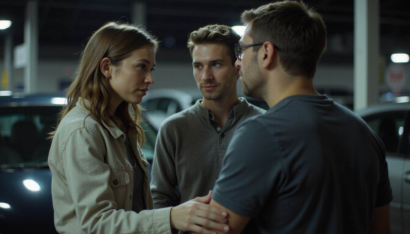 A couple in their 30s is inspecting a car at a used car lot. A couple in their 30s is inspecting a car at a used car lot.