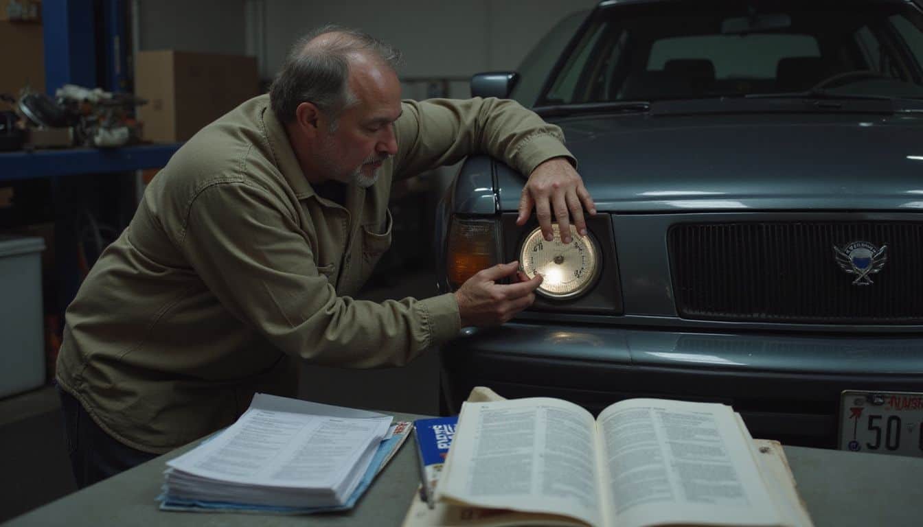 A man inspects the odometer of a five-year-old car, surrounded by service records and a Kelley Blue Book. A man inspects the odometer of a five-year-old car, surrounded by service records and a Kelley Blue Book.