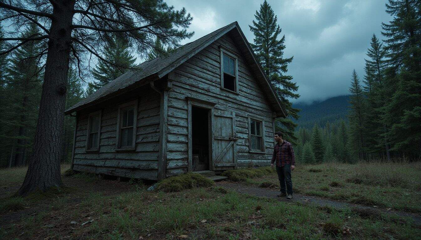 An old, weathered cabin in a dense forest, surrounded by tall trees and overcast skies. An old, weathered cabin in a dense forest, surrounded by tall trees and overcast skies.