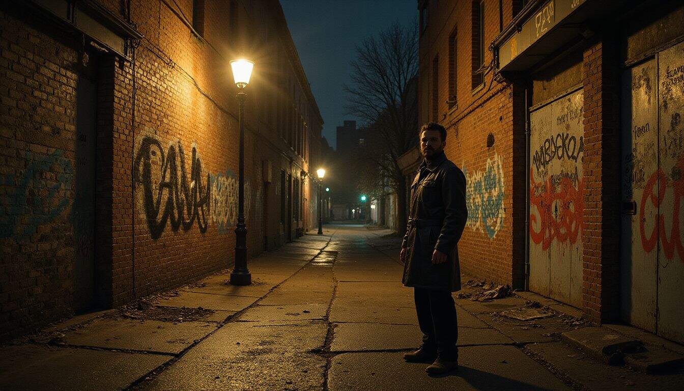 A desolate city street at night, with a flickering streetlamp casting light on weathered brick walls and urban decay.