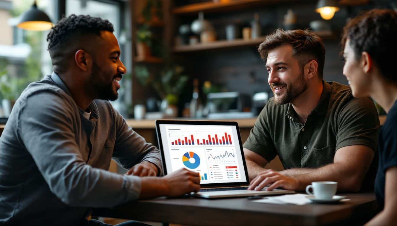 Real estate agent presenting market analysis report in casual coffee shop. Real estate agent presenting market analysis report in casual coffee shop.