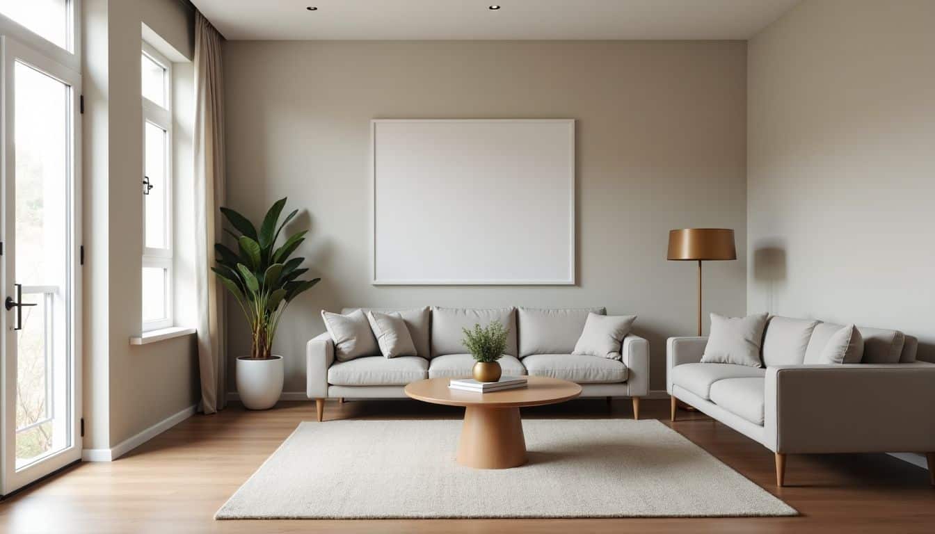 An empty, modern living room with neutral decor and simple furniture. An empty, modern living room with neutral decor and simple furniture.