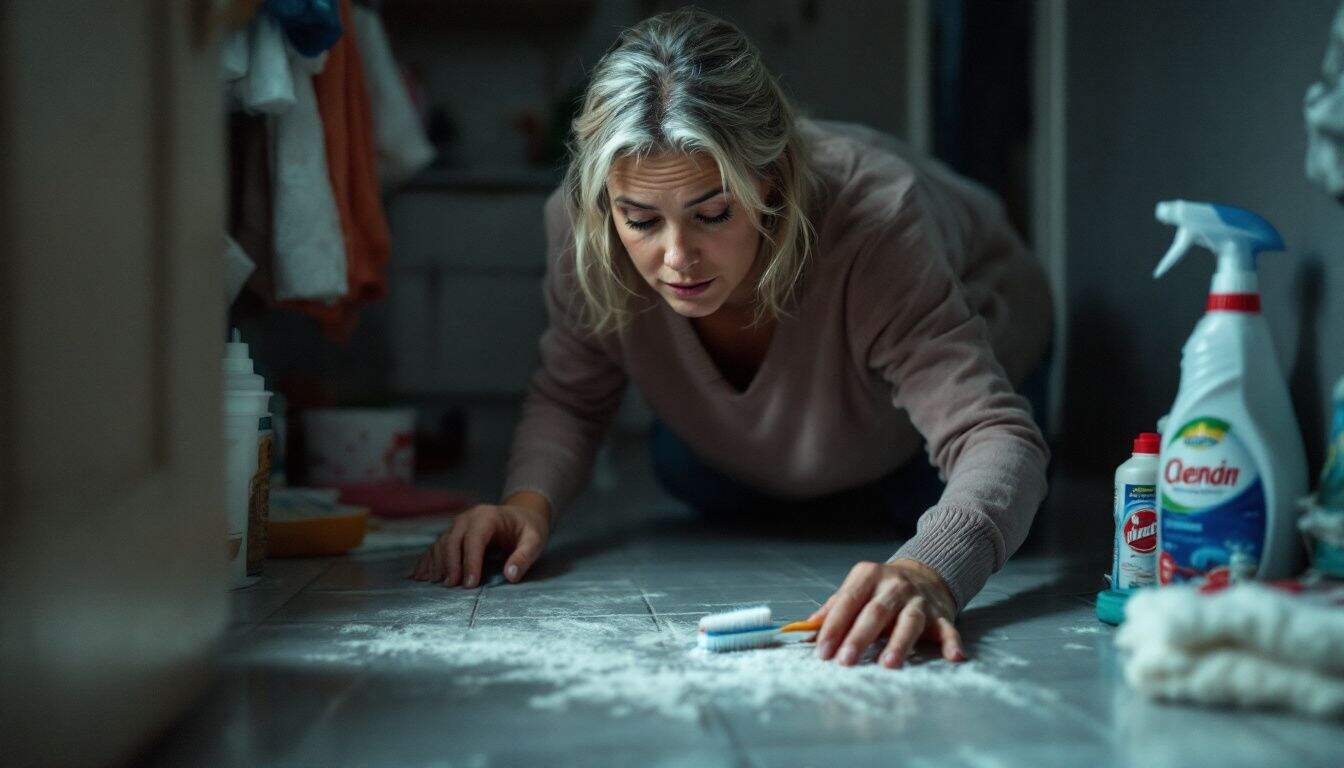 A woman in her 40s cleaning a bathroom tile floor with a toothbrush. A woman in her 40s cleaning a bathroom tile floor with a toothbrush.