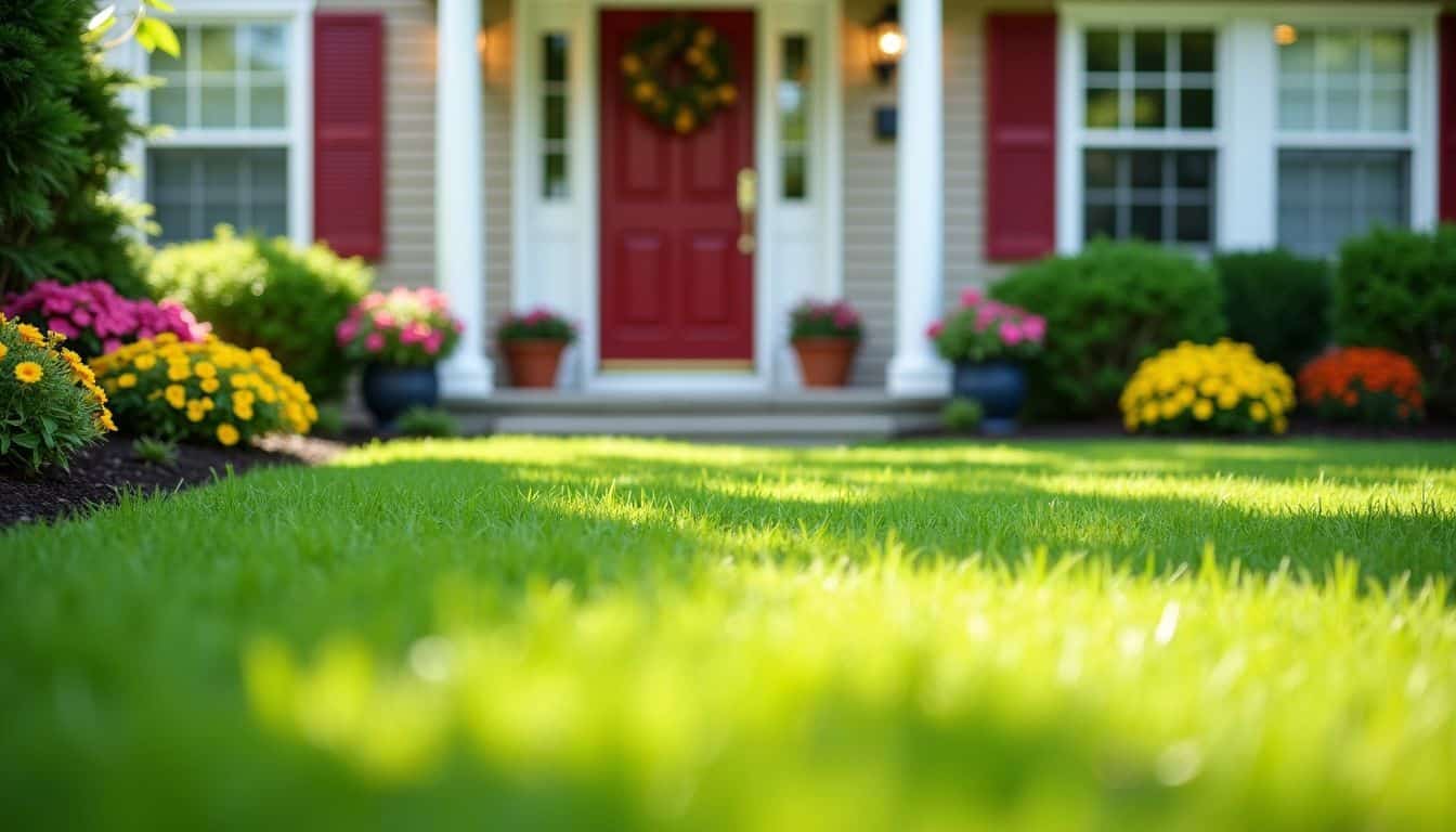 A well-maintained front yard with lush grass and colorful flowers. A well-maintained front yard with lush grass and colorful flowers.