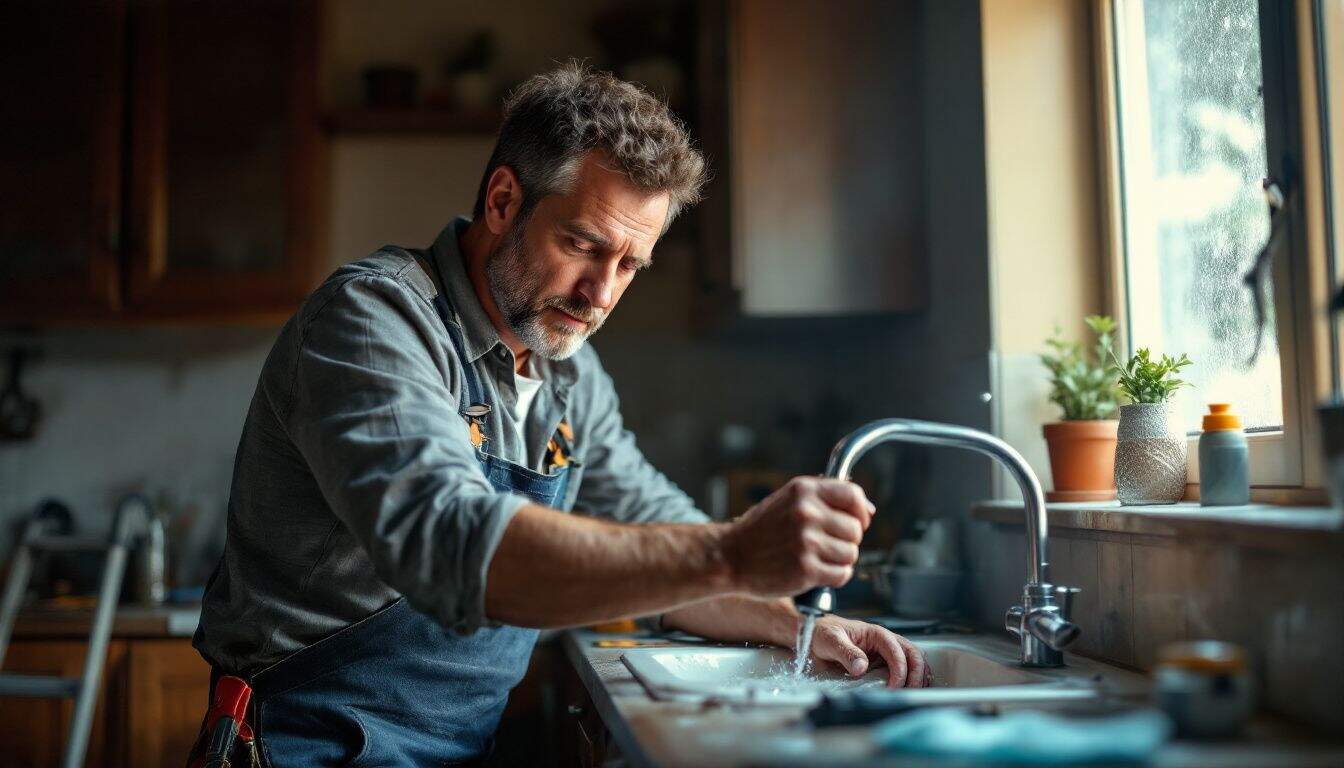 A man fixing a leaky faucet in a kitchen with tools. A man fixing a leaky faucet in a kitchen with tools.