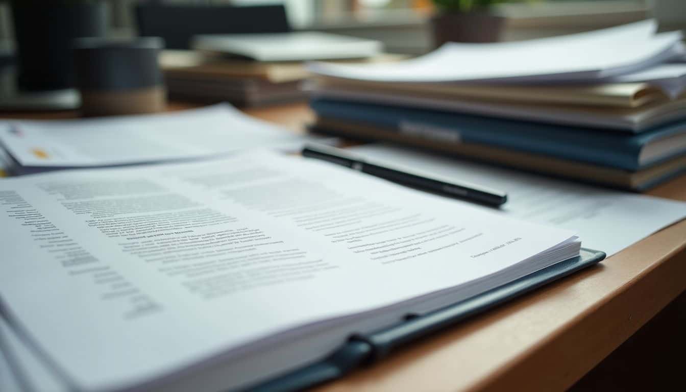 A cluttered home office desk with stacks of paperwork for home selling. A cluttered home office desk with stacks of paperwork for home selling.