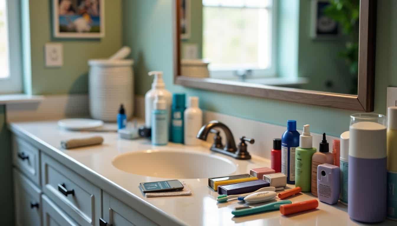 A cluttered bathroom vanity filled with personal items in need of decluttering. A cluttered bathroom vanity filled with personal items in need of decluttering.