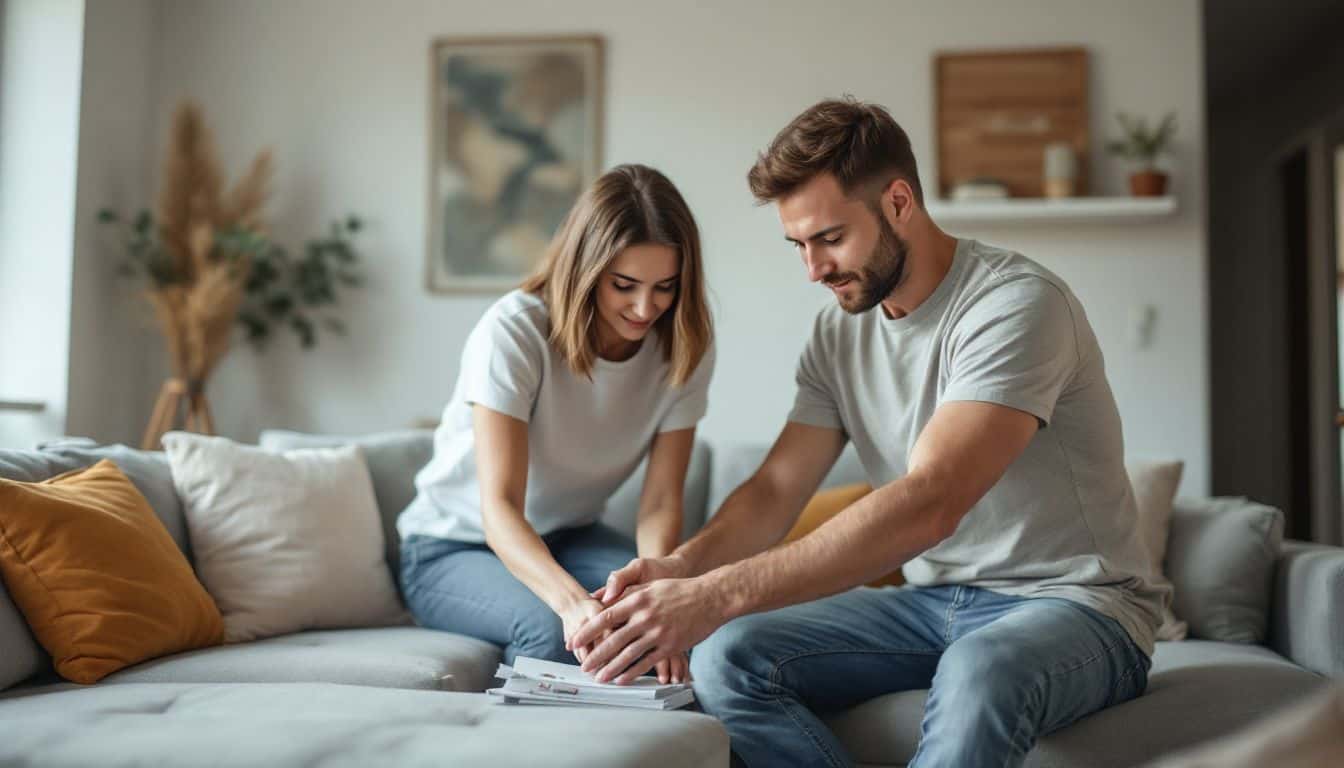 A couple in their 30s arranging modern furniture in a living room. A couple in their 30s arranging modern furniture in a living room.