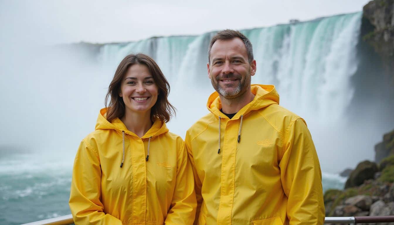 A couple in their thirties wearing rain ponchos on a boat near Niagara Falls. A couple in their thirties wearing rain ponchos on a boat near Niagara Falls.