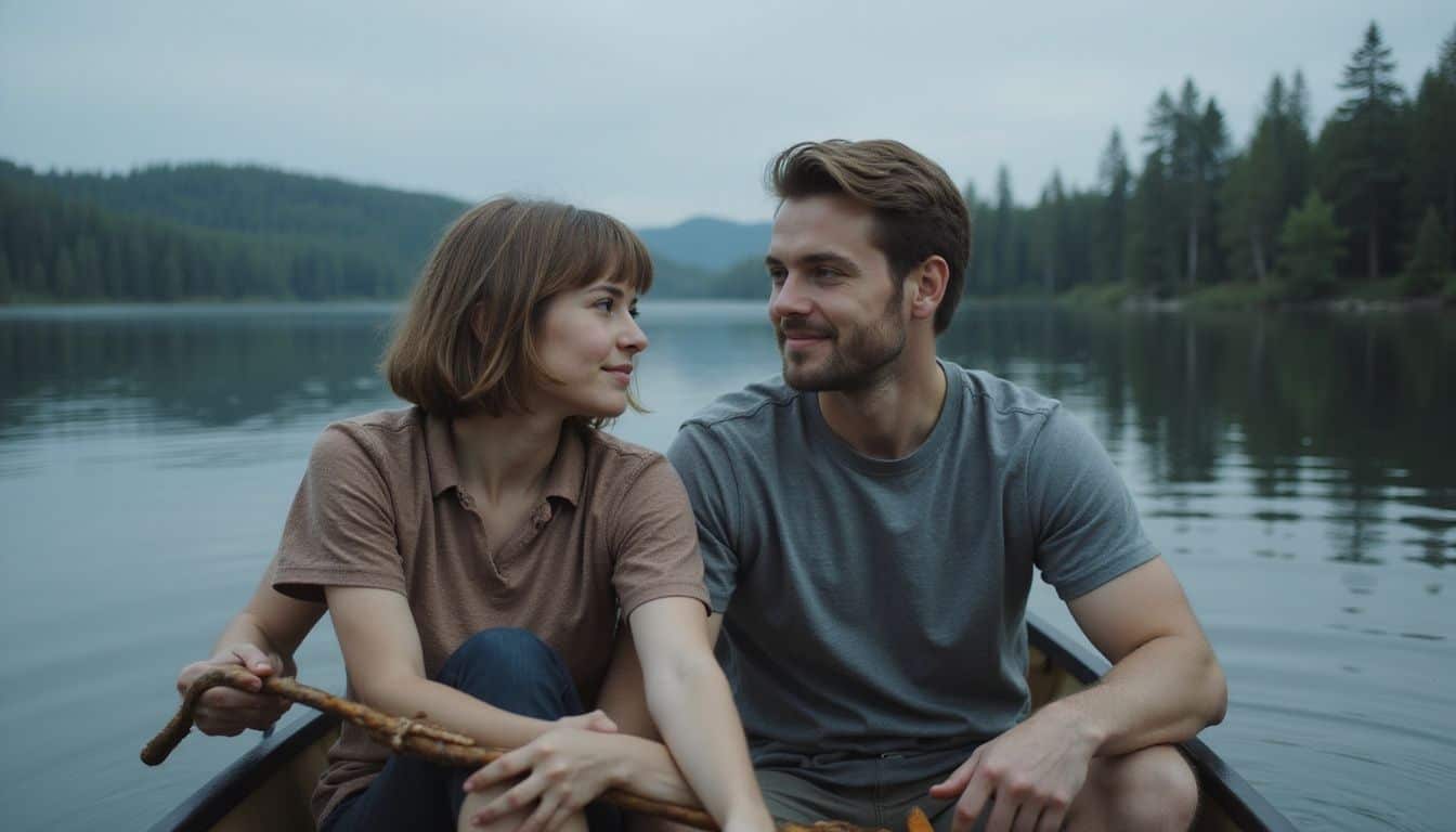 A couple in their thirties enjoying a calm canoe ride on a Canadian lake. A couple in their thirties enjoying a calm canoe ride on a Canadian lake.