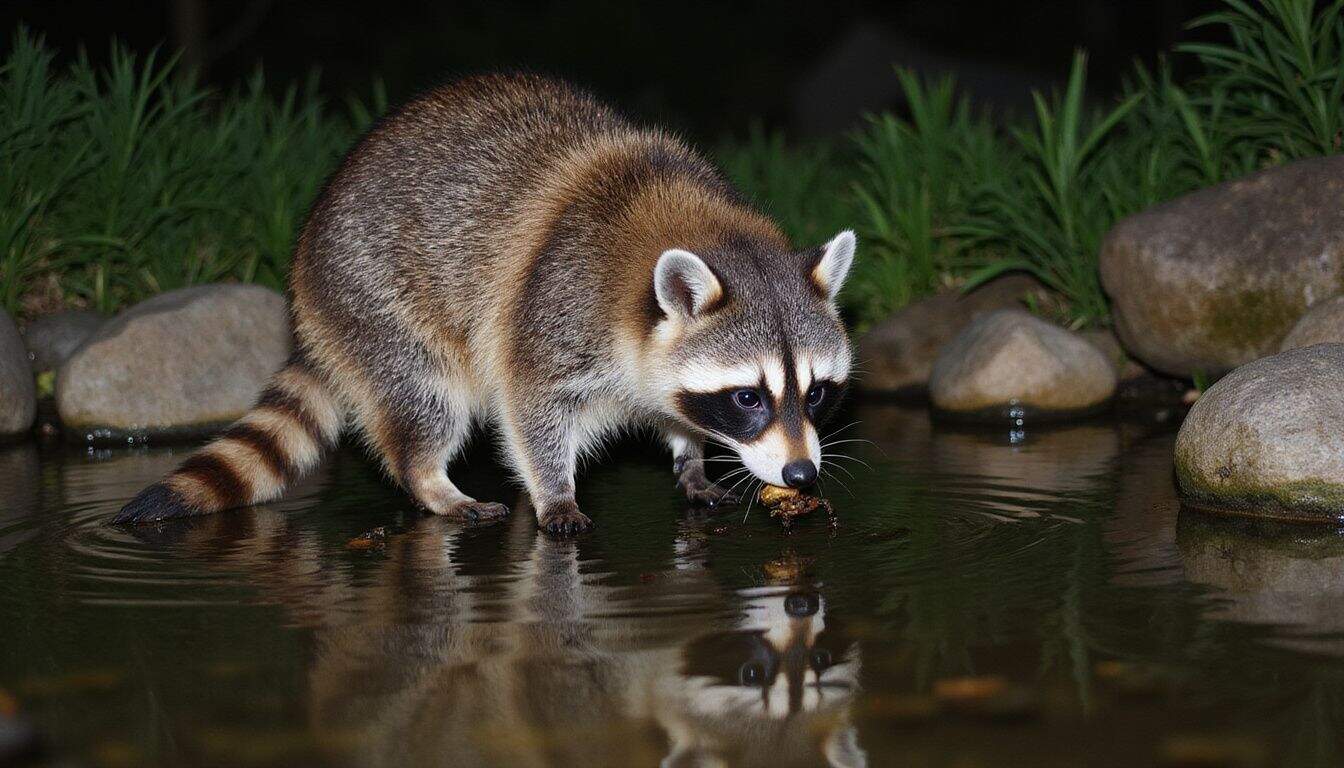 A raccoon hunts for fish, frogs, and crayfish in a backyard pond at night. A raccoon hunts for fish, frogs, and crayfish in a backyard pond at night.