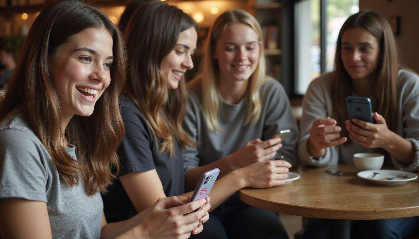 A group of young friends enjoying coffee and conversation while using their smartphones in a trendy coffee shop. A group of young friends enjoying coffee and conversation while using their smartphones in a trendy coffee shop.