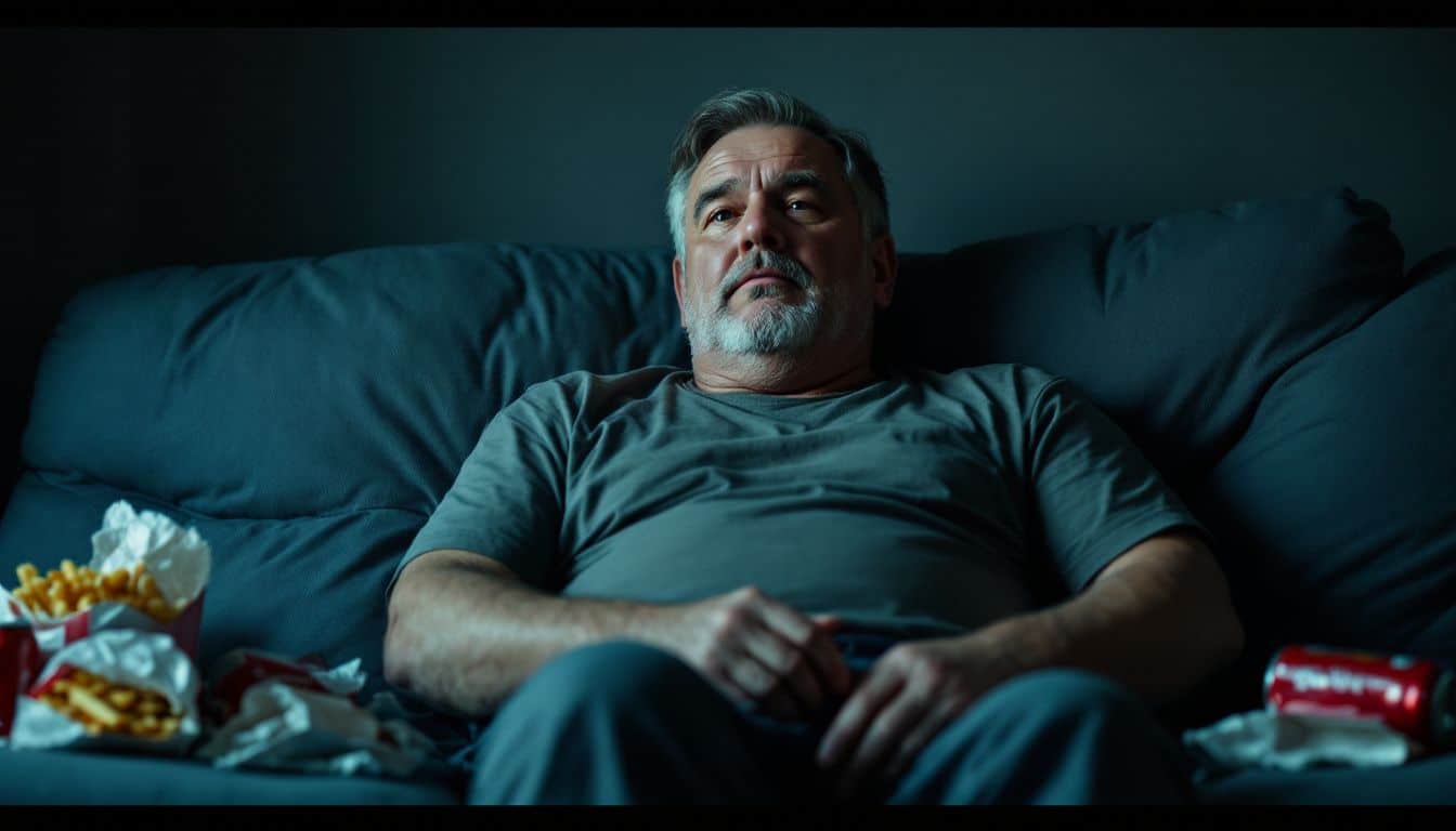 A middle-aged man sits on a couch surrounded by fast food wrappers. A middle-aged man sits on a couch surrounded by fast food wrappers.
