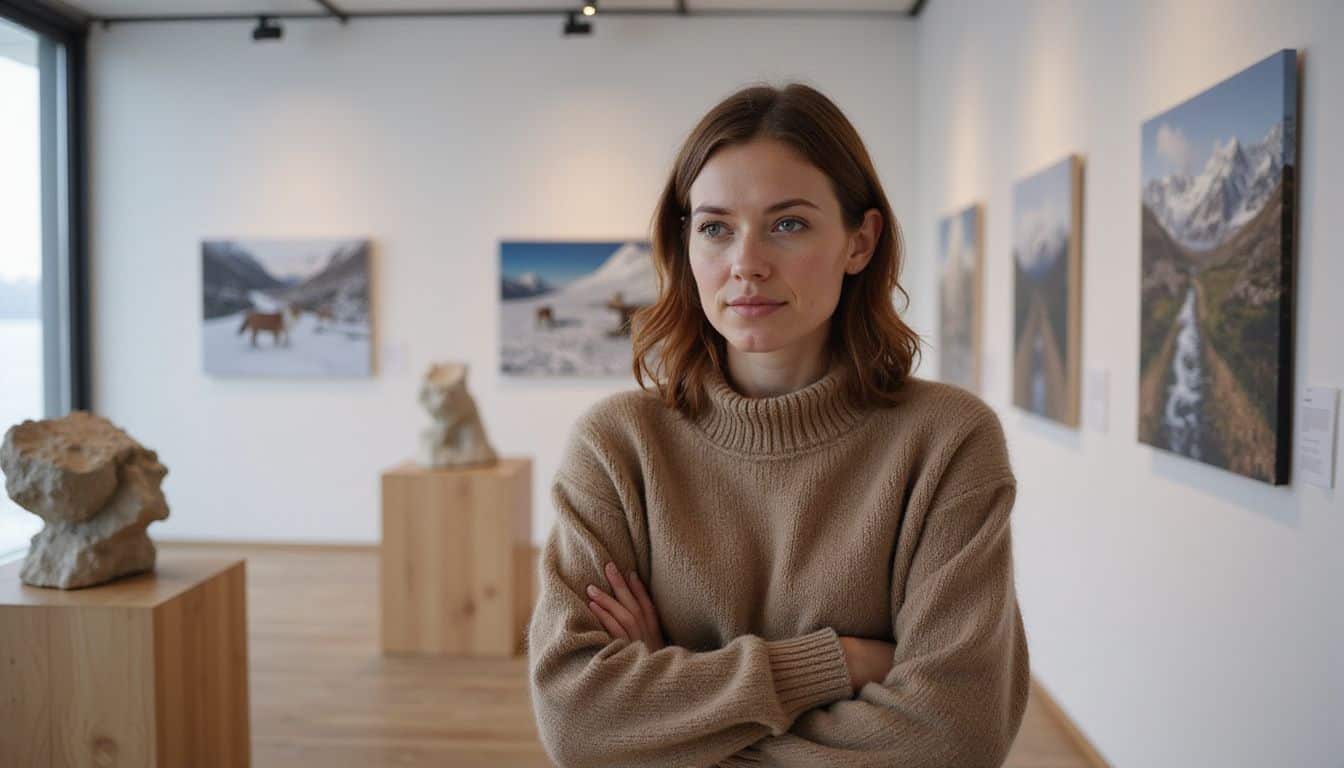 A woman studies vibrant Arctic art in a modern gallery in Svalbard. A woman studies vibrant Arctic art in a modern gallery in Svalbard.