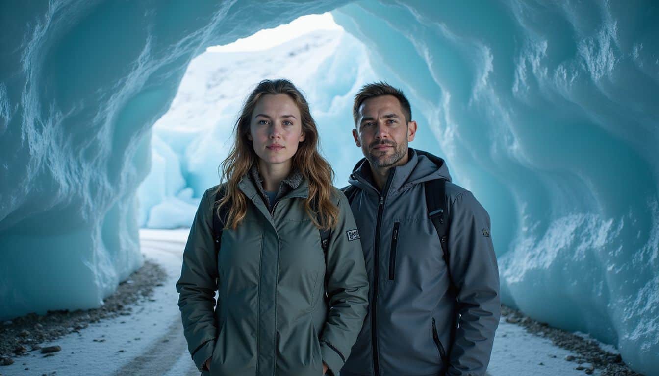 A man and a woman stand in an ice cave in Svalbard, wearing practical jackets and taking in the serene surroundings. A man and a woman stand in an ice cave in Svalbard, wearing practical jackets and taking in the serene surroundings.