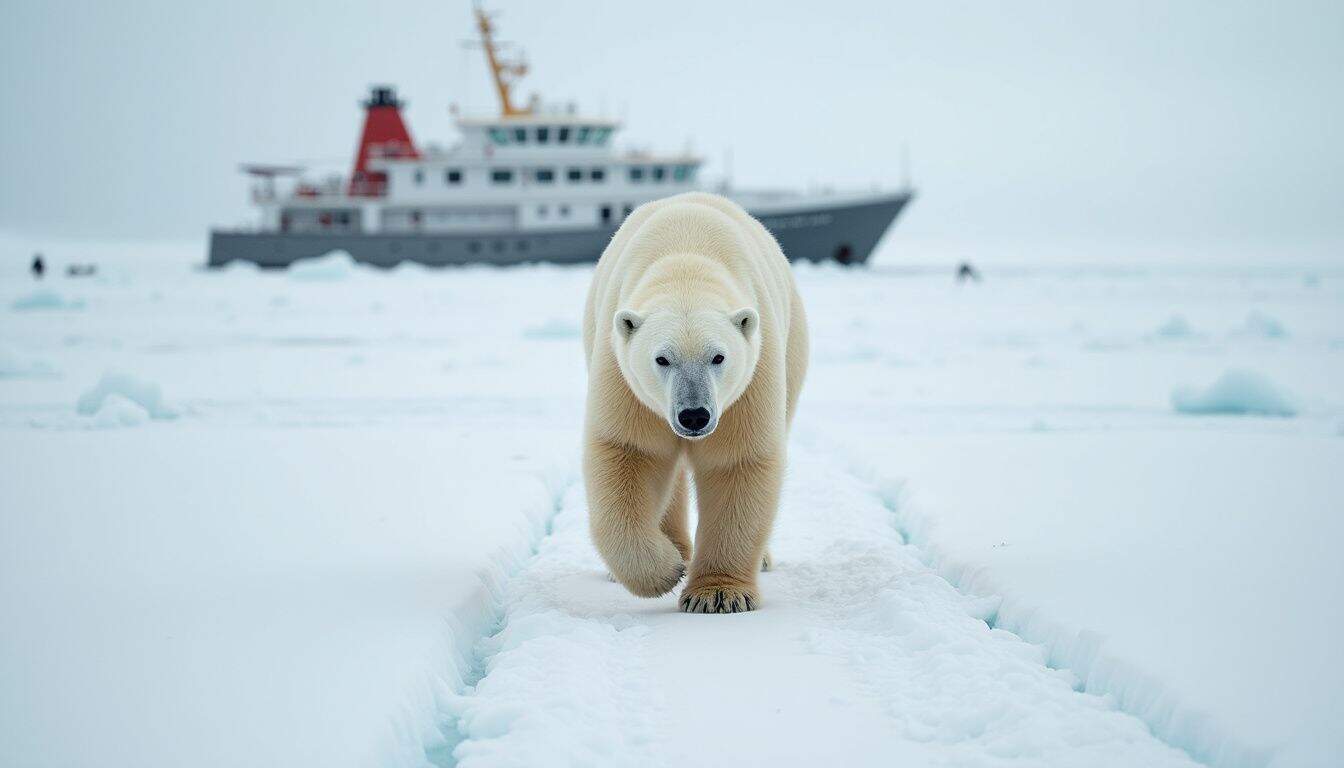 A lone polar bear traverses the snow-covered tundra of Svalbard, with a research vessel anchored in the distance. A lone polar bear traverses the snow-covered tundra of Svalbard, with a research vessel anchored in the distance.