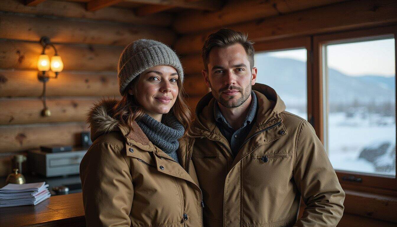 A couple in their 30s dressed in warm winter clothes standing at a rustic reception desk in a remote guesthouse in Svalbard. A couple in their 30s dressed in warm winter clothes standing at a rustic reception desk in a remote guesthouse in Svalbard.