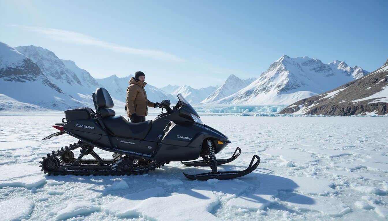 A snowmobile rests on a glacier surrounded by snow-covered mountains in the Arctic. A snowmobile rests on a glacier surrounded by snow-covered mountains in the Arctic.