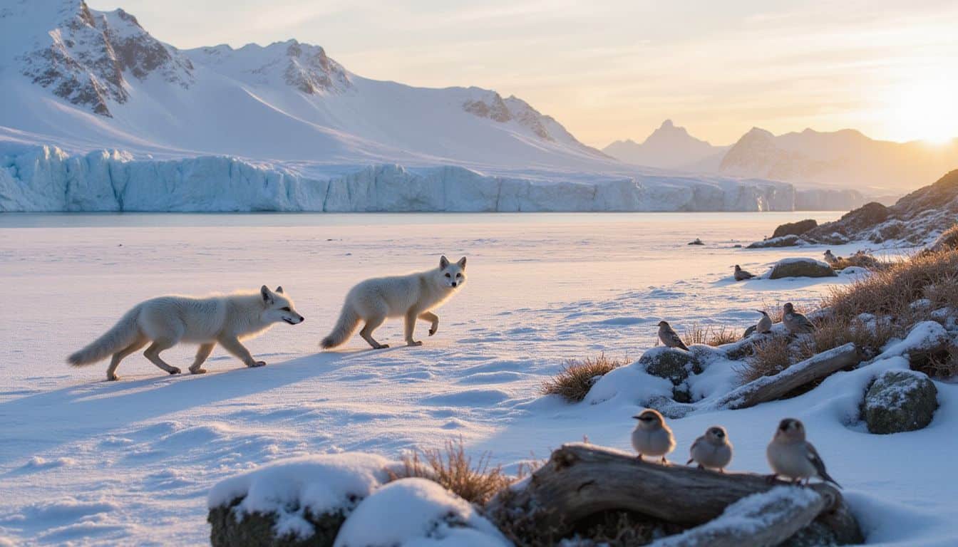 A serene Svalbard landscape with snow, glaciers, Arctic foxes, snow buntings, and tundra vegetation. A serene Svalbard landscape with snow, glaciers, Arctic foxes, snow buntings, and tundra vegetation.