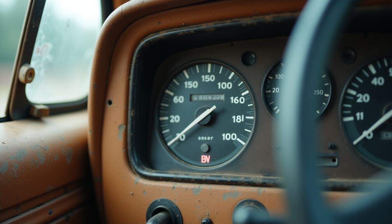 A close-up of a high mileage truck in a worn-out garage. A close-up of a high mileage truck in a worn-out garage.