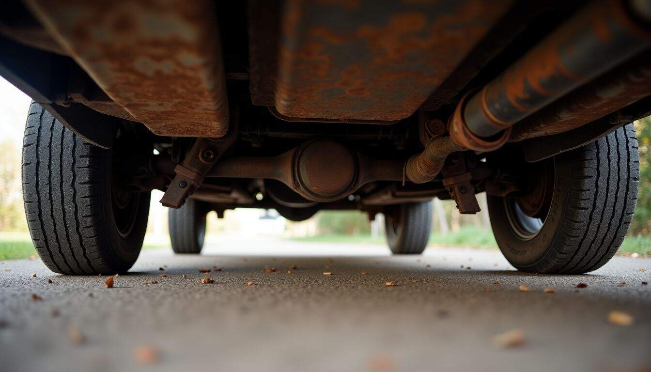 Close-up photo of rusty 4x4 truck undercarriage showing wear and tear. Close-up photo of rusty 4x4 truck undercarriage showing wear and tear.