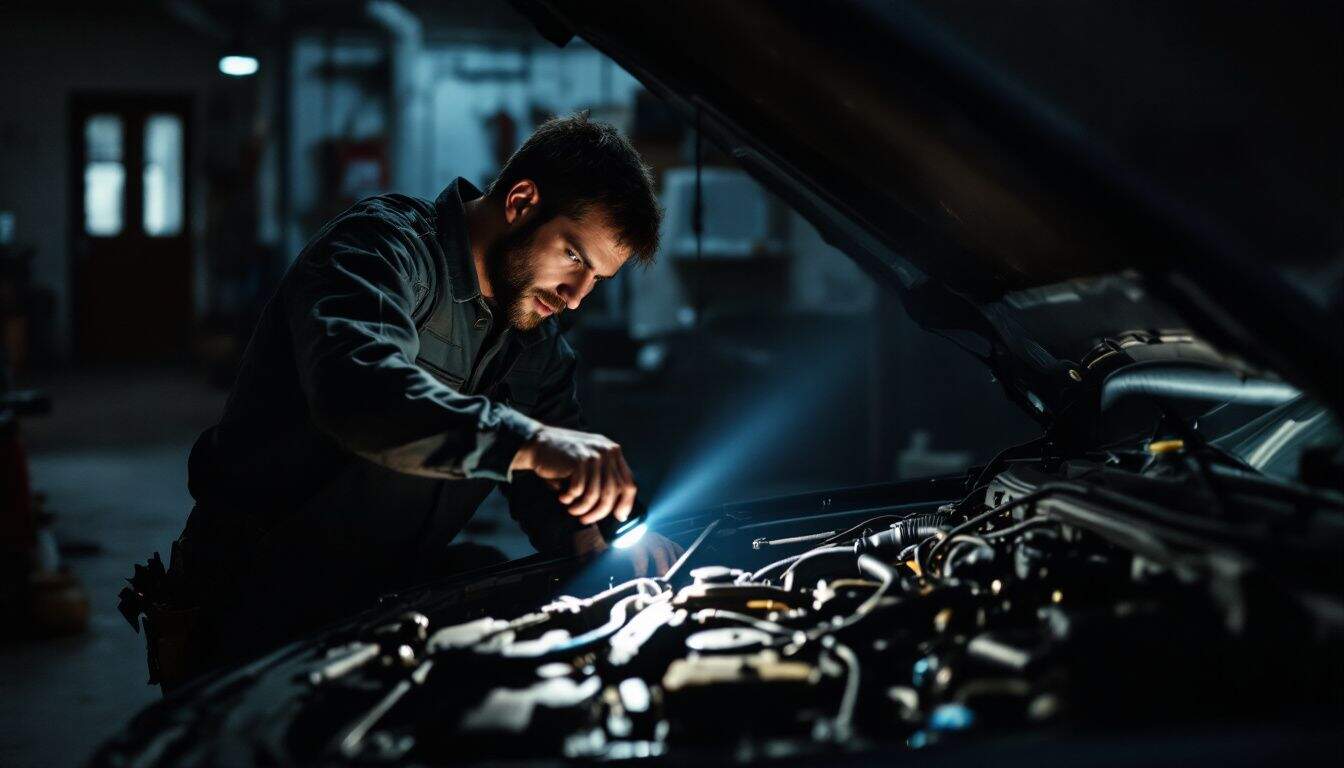 A person inspecting a used 4x4 truck engine in a dim garage. A person inspecting a used 4x4 truck engine in a dim garage.
