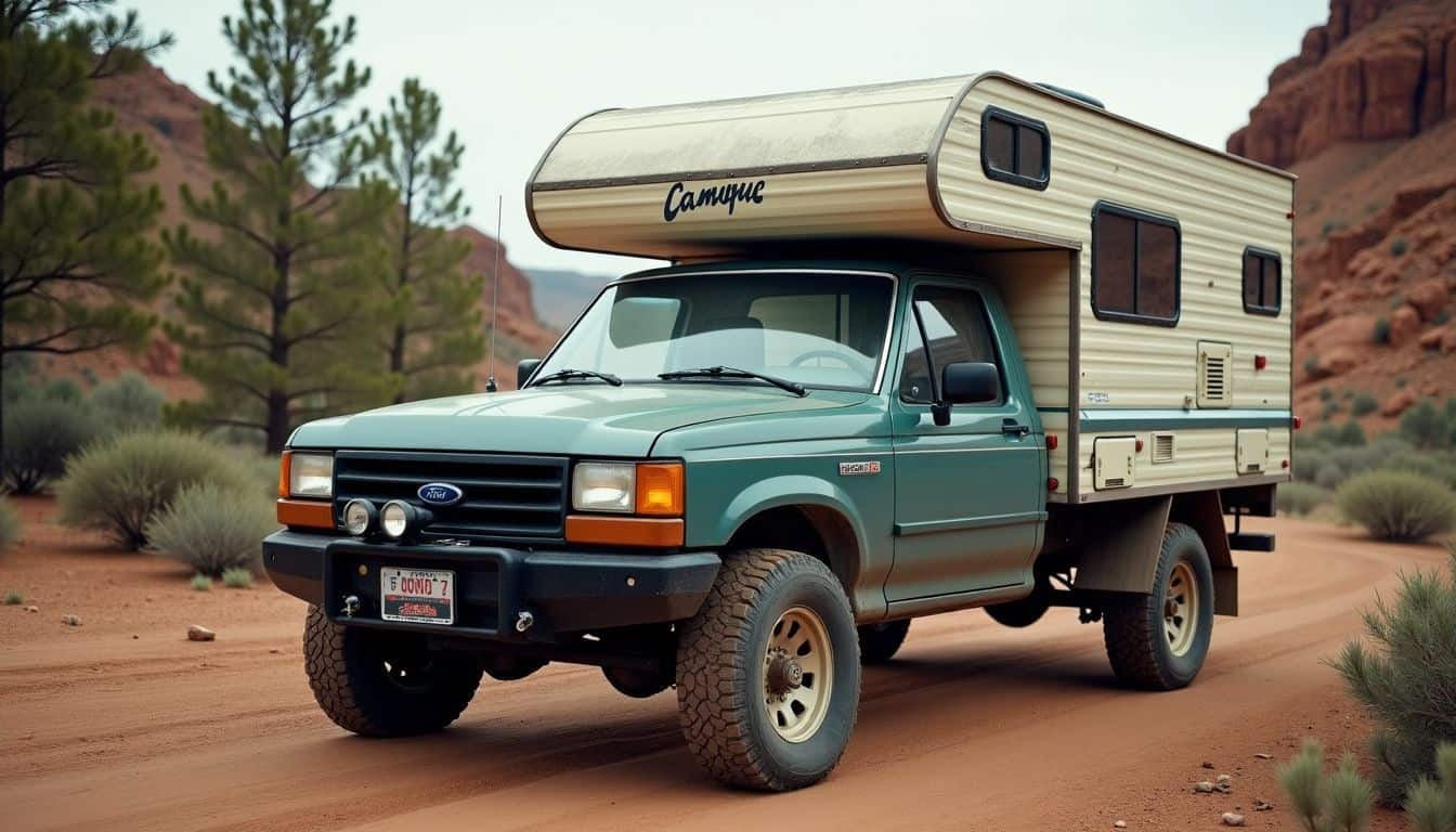 A mid-sized pickup truck with a camper parked at a rugged campsite. A mid-sized pickup truck with a camper parked at a rugged campsite.