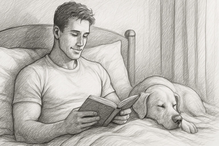 Man reading book in bed with dog