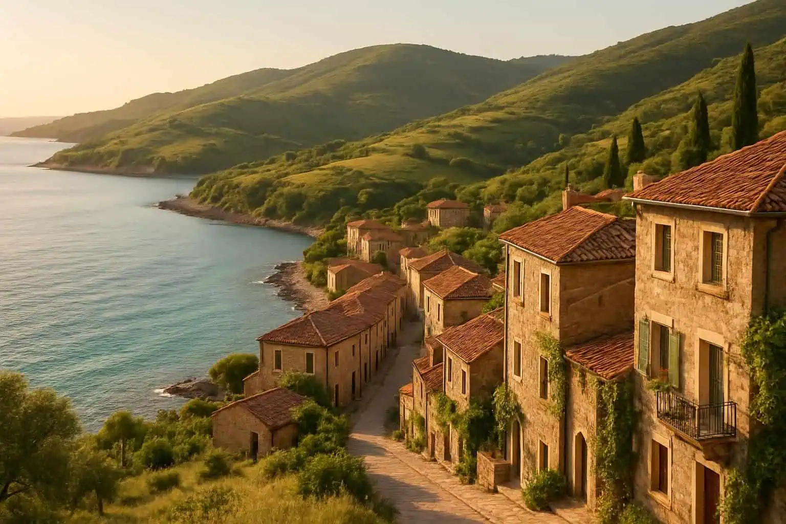 A picturesque European coastal village with lush hills, clear blue waters, and charming stone houses. A picturesque European coastal village with lush hills, clear blue waters, and charming stone houses.
