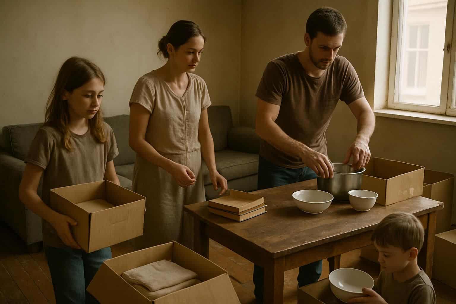 An immigrant family unpacks in a modest, sparsely furnished apartment, displaying resilience and purpose. An immigrant family unpacks in a modest, sparsely furnished apartment, displaying resilience and purpose.