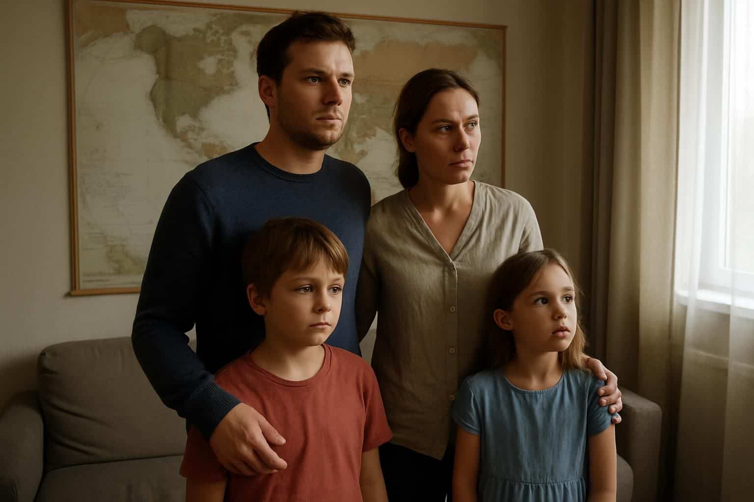 A family of four stands in their living room, discussing important life matters with thoughtful expressions. A family of four stands in their living room, discussing important life matters with thoughtful expressions.