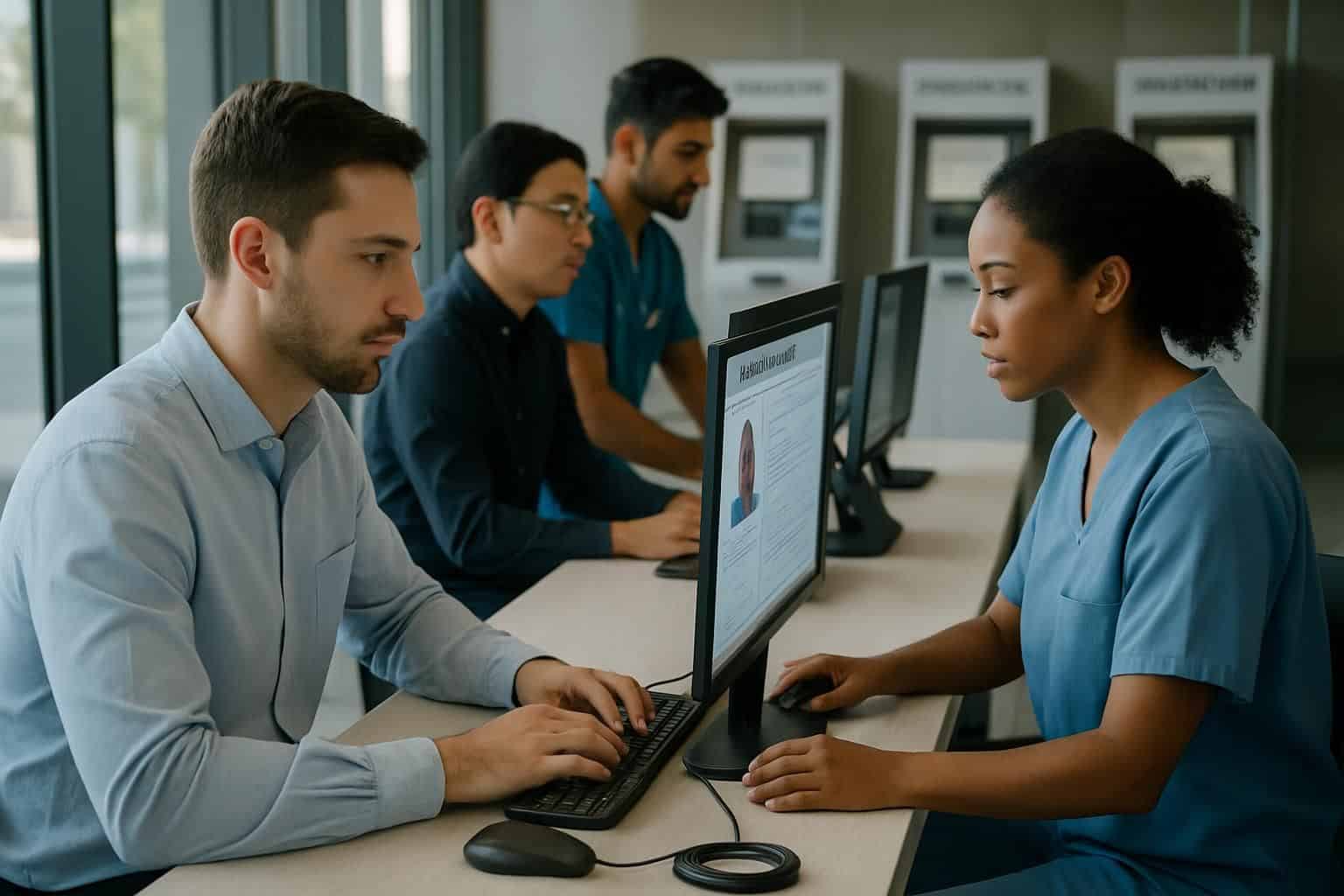 A diverse group of professionals process digital visa applications in a modern immigration office. A diverse group of professionals process digital visa applications in a modern immigration office.